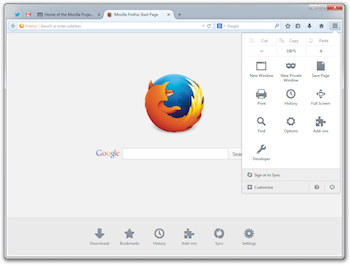 Screenshot of the new Firefox UI on Windows 7 with the menu panel open