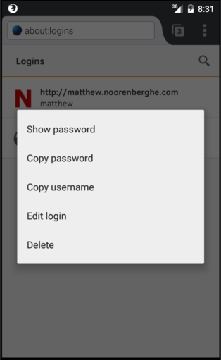 Firefox for Android version 42  about:logins context menu